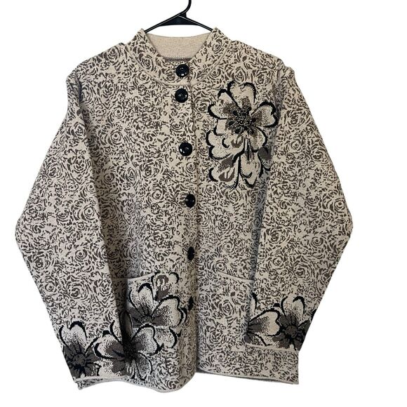Boho Floral Cardigan Sweater Womens Large Brown Heavyweight Beaded Mature - Picture 1 of 11